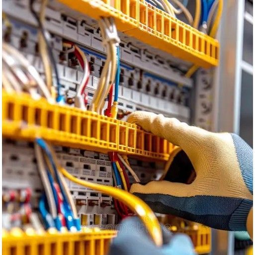 Two technicians inspecting an open electrical panel in a bright unfinished room.