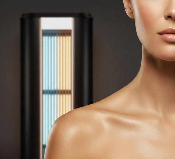 Spalla e viso di una donna accanto a un dispositivo per la terapia con luce nera con pannelli luminosi blu e gialli.