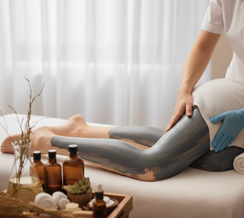 Persona che riceve un impacco di fango sulle gambe in una spa. Sono visibili le mani del terapista. Trattamento su lettino bianco.