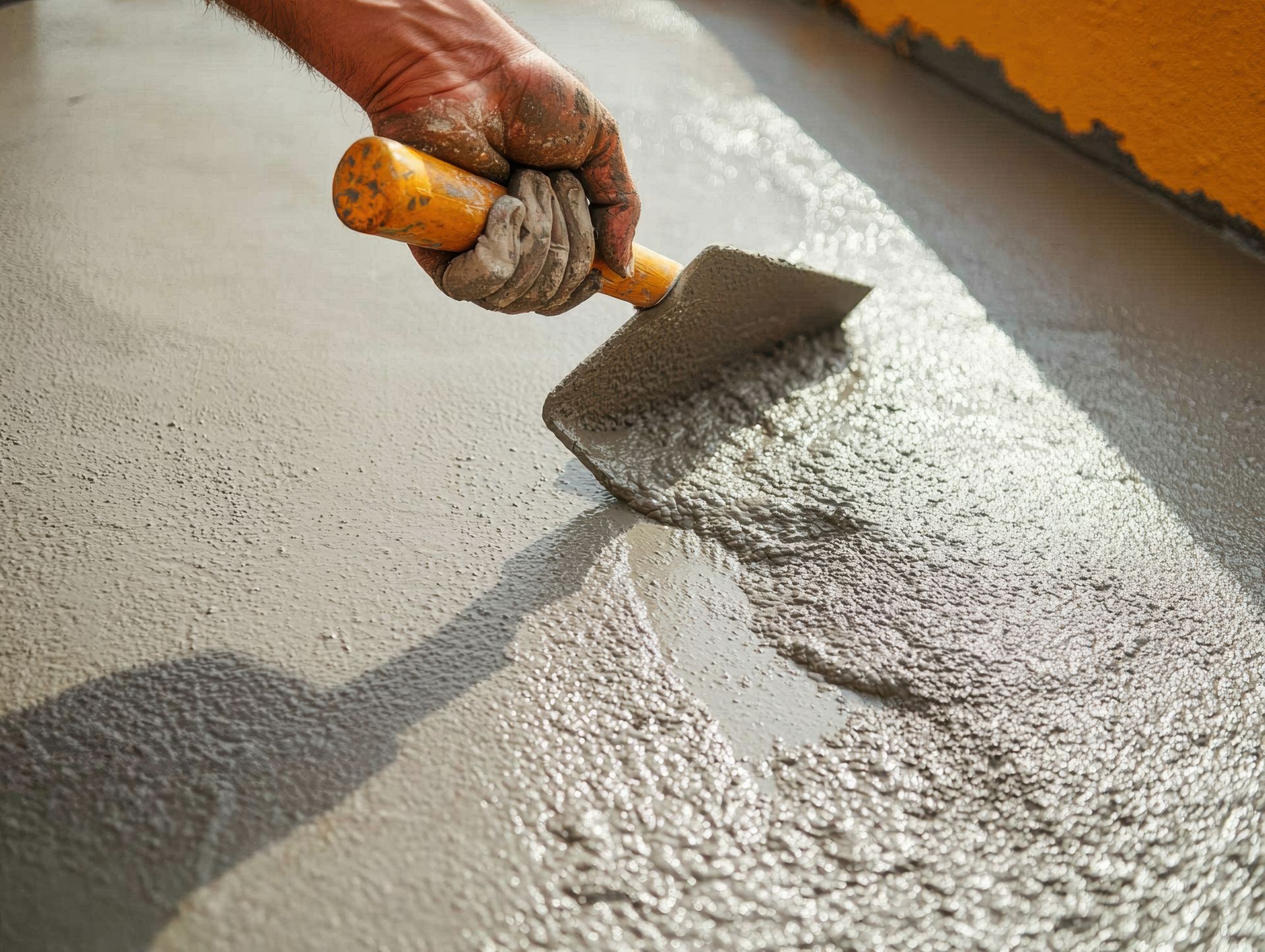 A person is spreading concrete on a floor with a trowel.