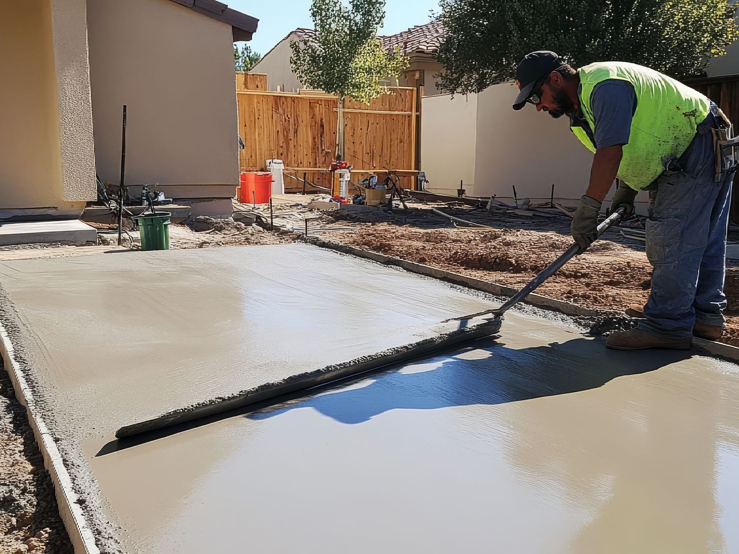 A man is spreading concrete on a sidewalk with a trowel.