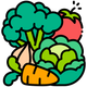 Broccoli, pomodori, cavoli, carote e aglio in un'illustrazione colorata.