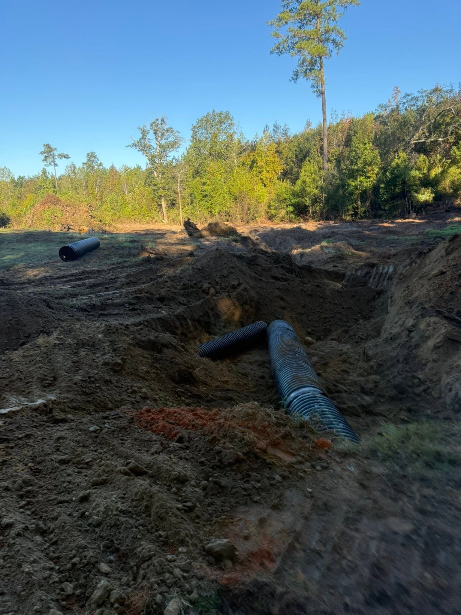 Cleared dirt area with black pipes in foreground and trees under a blue sky