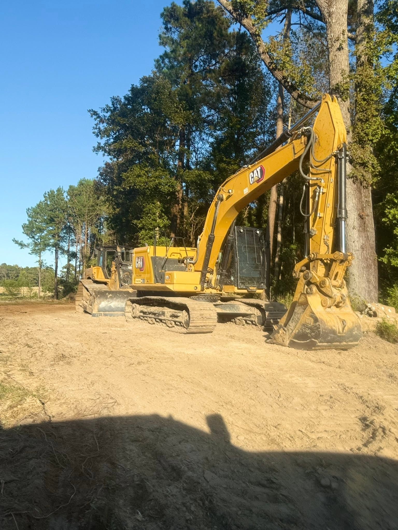 Yellow excavator clearing brush beside tall trees on a dirt lot under a clear blue sky