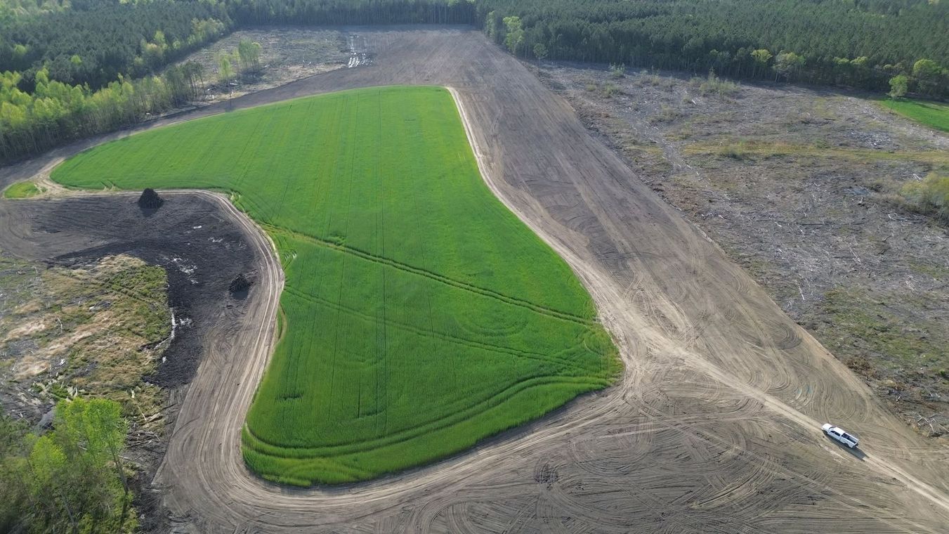Aerial view of a bright green field surrounded by dirt roads and bare ground