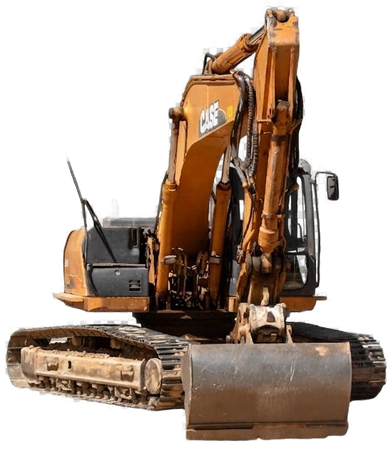 Orange tracked excavator with a front bucket on a white background