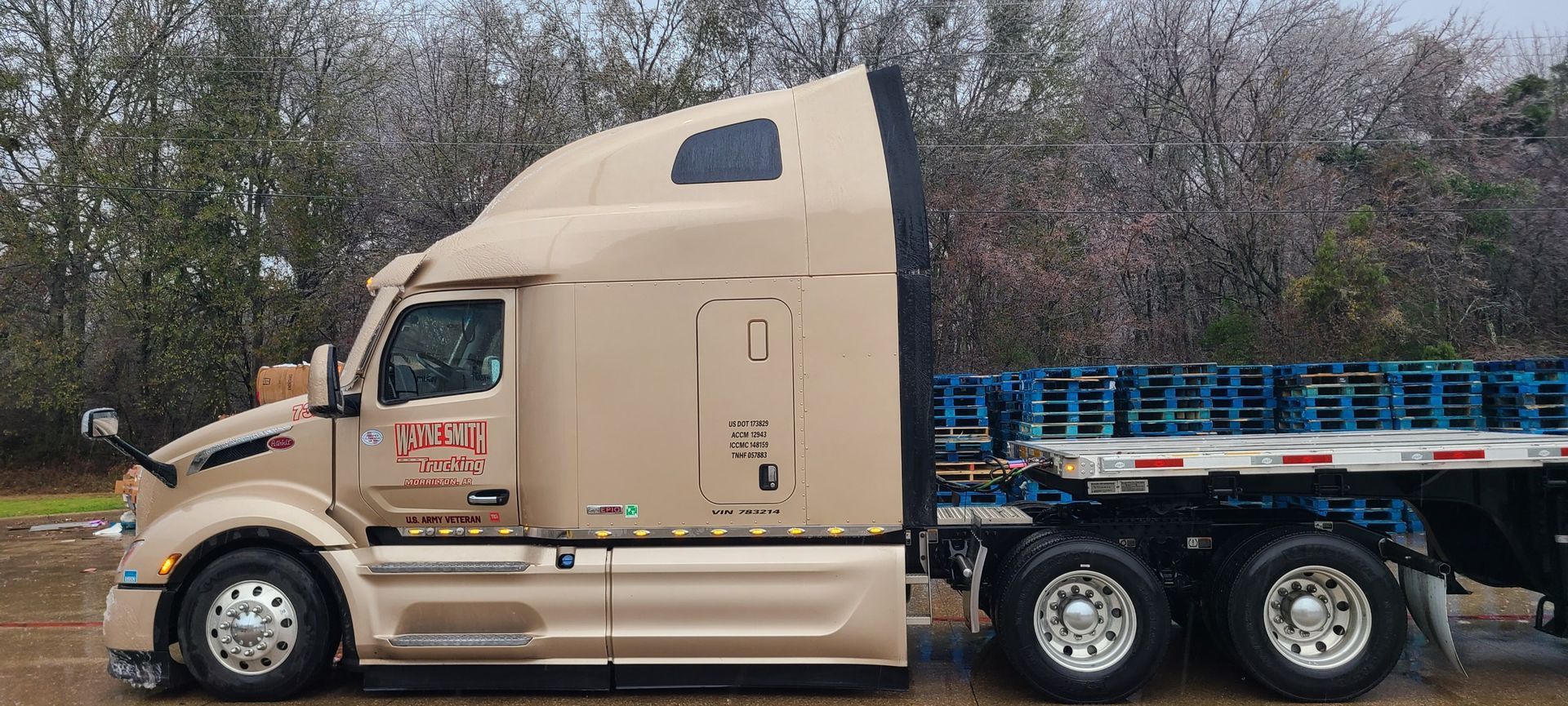 Tan semi-truck with sleeper cab and flatbed trailer parked on a roadside