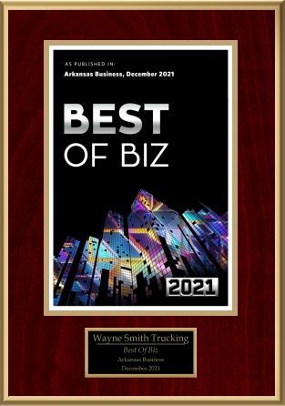Framed “Best of Biz 2021” award plaque with colorful abstract city artwork on a red background