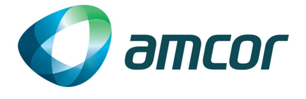 Amcor logo with teal and blue abstract globe icon and lowercase wordmark