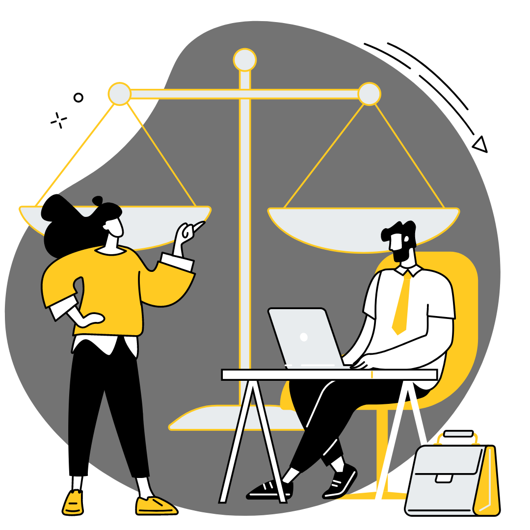 A woman is standing next to a man sitting at a desk with a laptop.