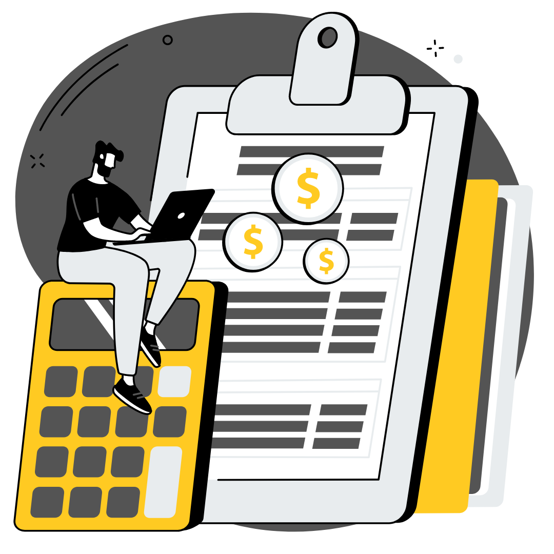 A man is sitting on a calculator next to a clipboard and a laptop.