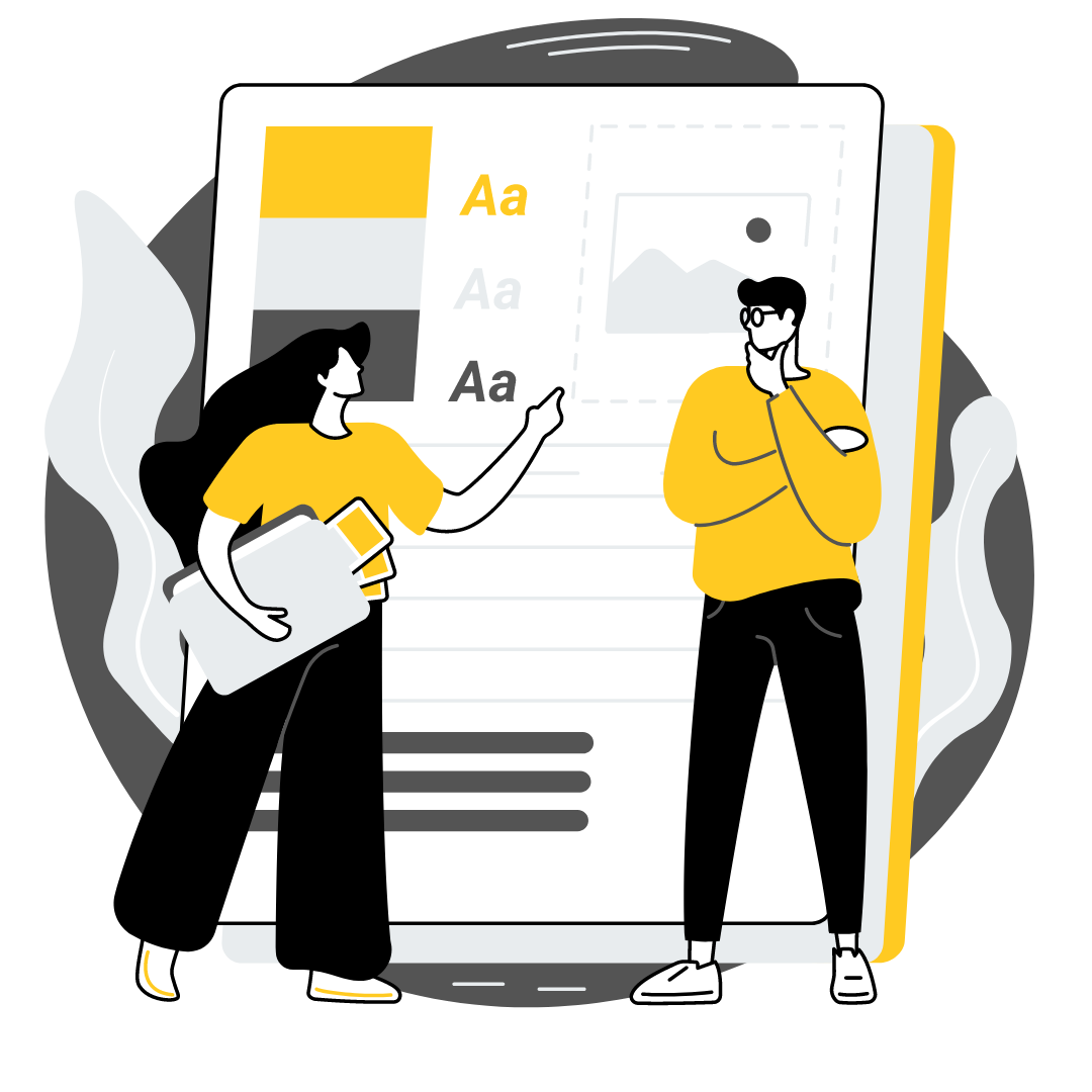 A man and a woman are standing next to each other in front of a large piece of paper.