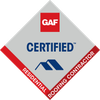 GAF Certified Residential Roofing Contractor logo, red and gray diamond with text and roof icon.
