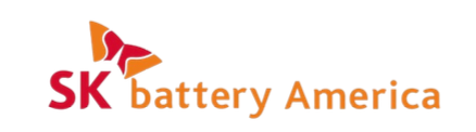 A red and orange logo for sk battery america