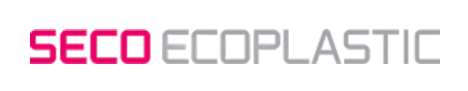 The seco ecoplastic logo is pink and white on a white background