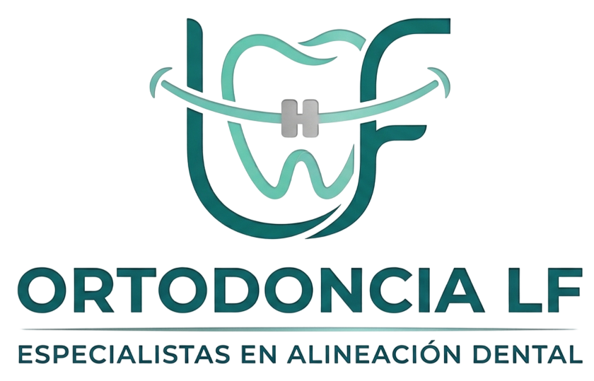 Logotipo de Ortodoncia LF en azul y gris con texto “Especialistas en alineación dental”