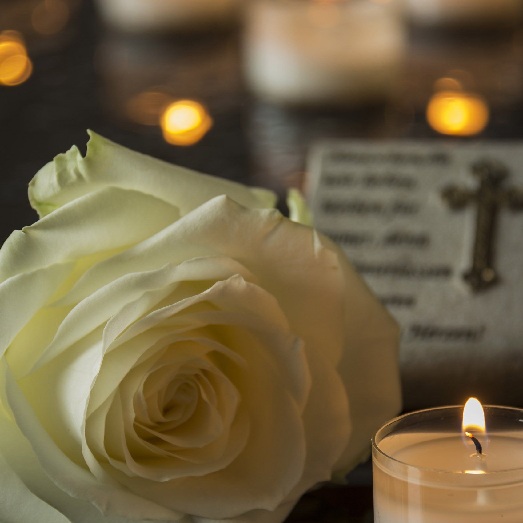 A white rose sits next to a lit candle