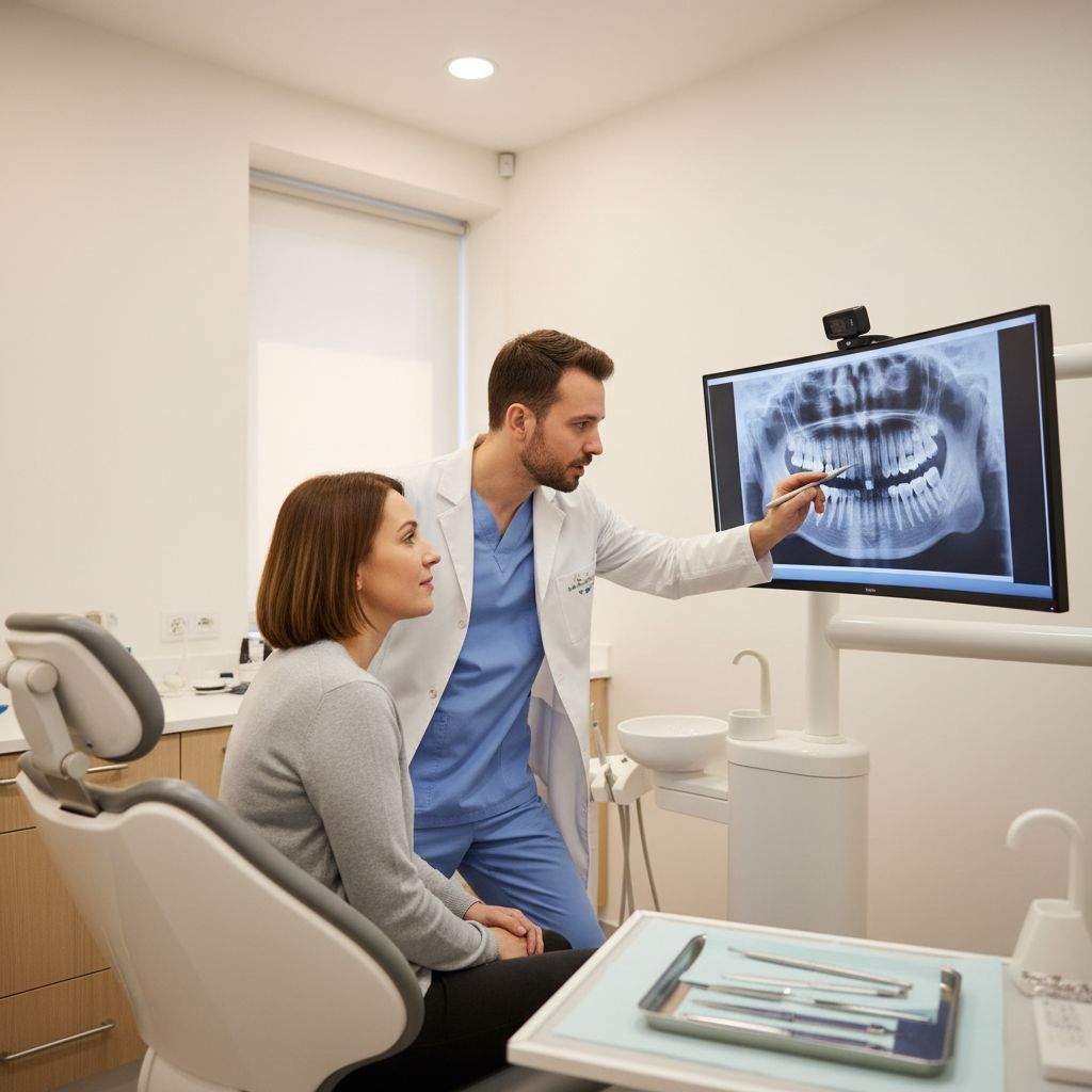 Dentist reviewing a digital x-ray with a patient