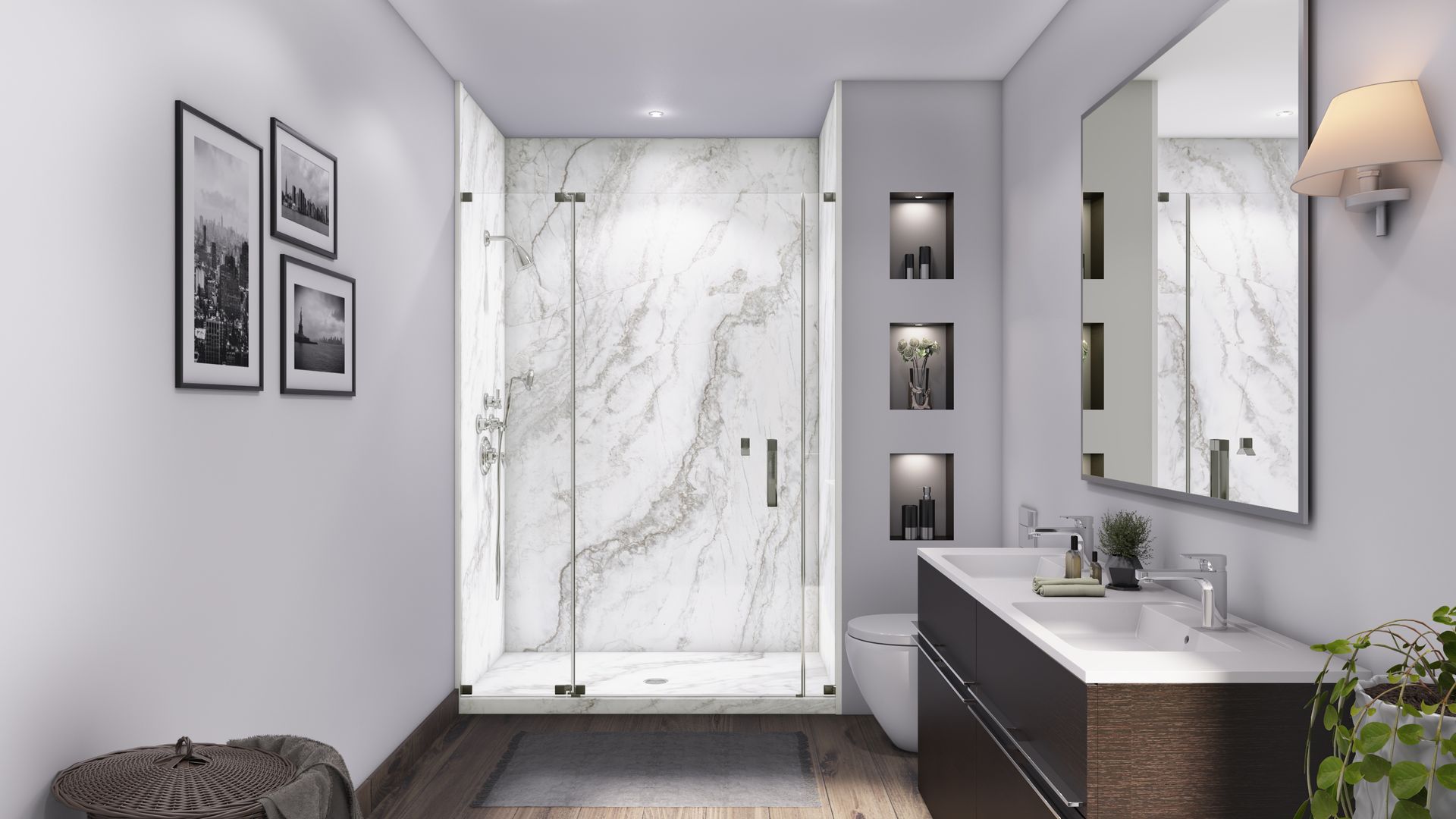 Modern bathroom with white and wood tones