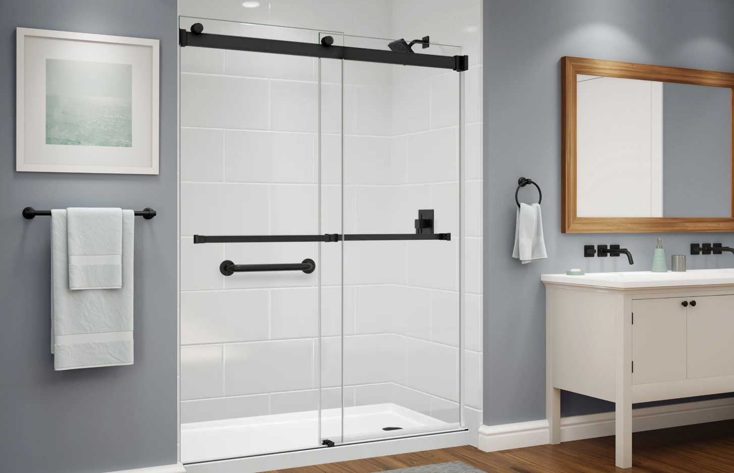 Modern white and marble bathroom with double vanity