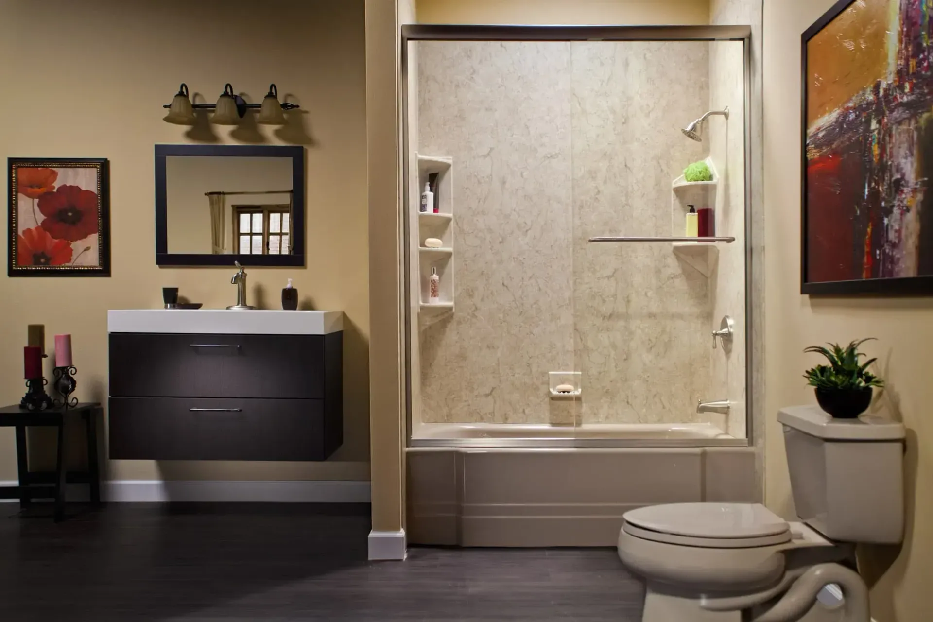 Bathroom with white vessel sinks on a wood counter
