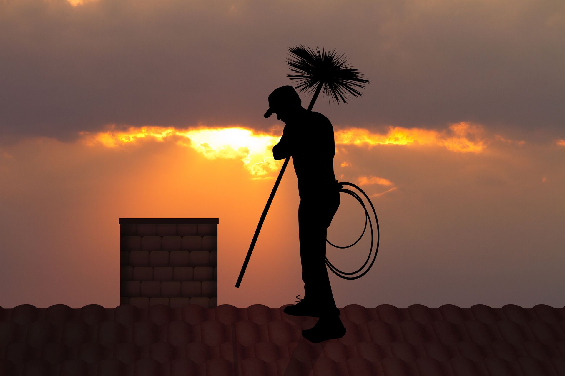 Silhouette of a chimney sweep with brush and rope on a roof at sunset. Silhouette of a chimney sweep with brush and rope on a roof at sunset.