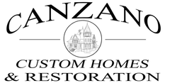 A black and white logo for canzano custom homes and restoration.