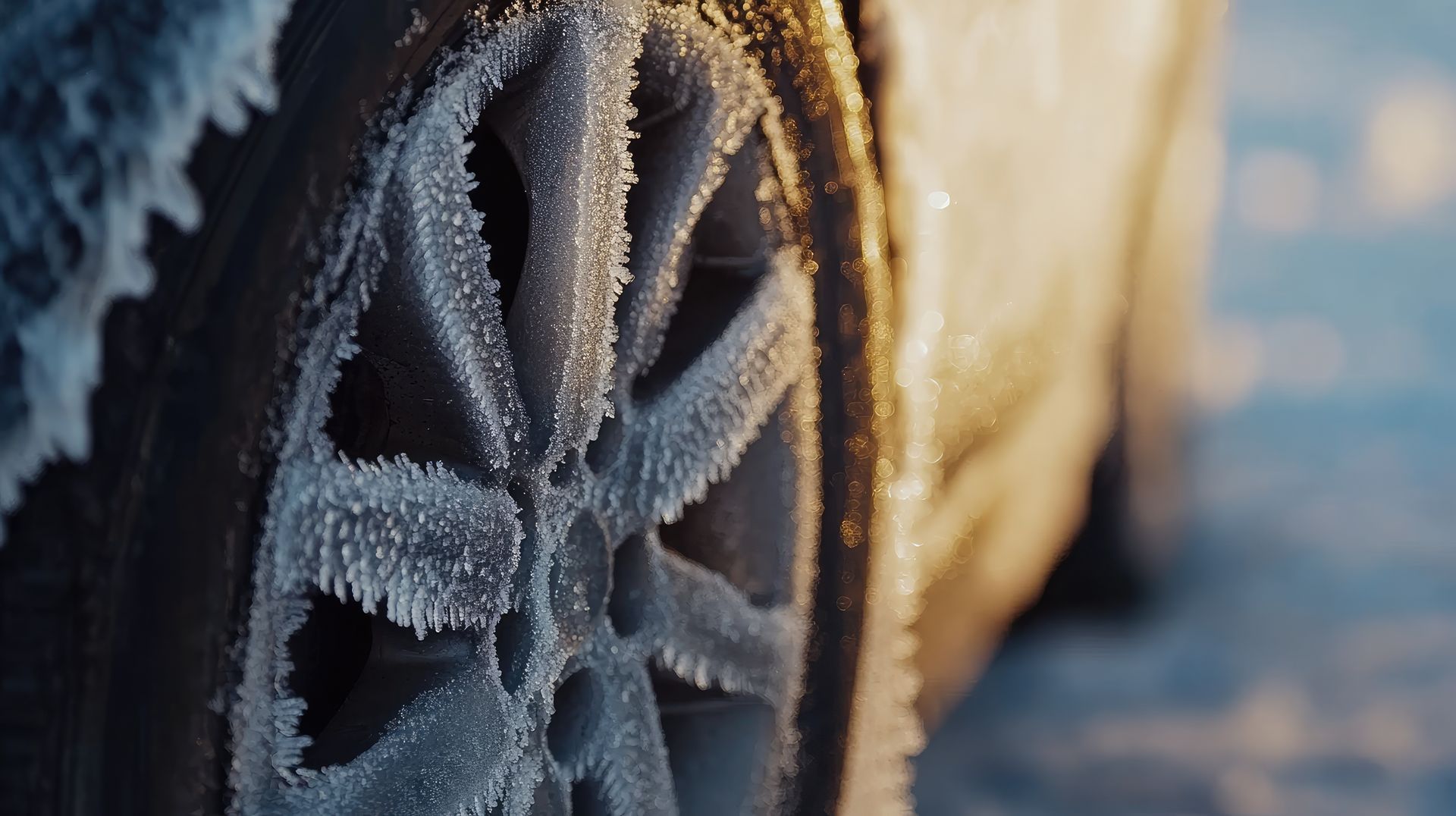 Frosted car wheel and tire in the sunlight, covered in ice crystals. A person wearing gloves uses jumper cables to jump-start a car battery on a snowy, cold winter day.