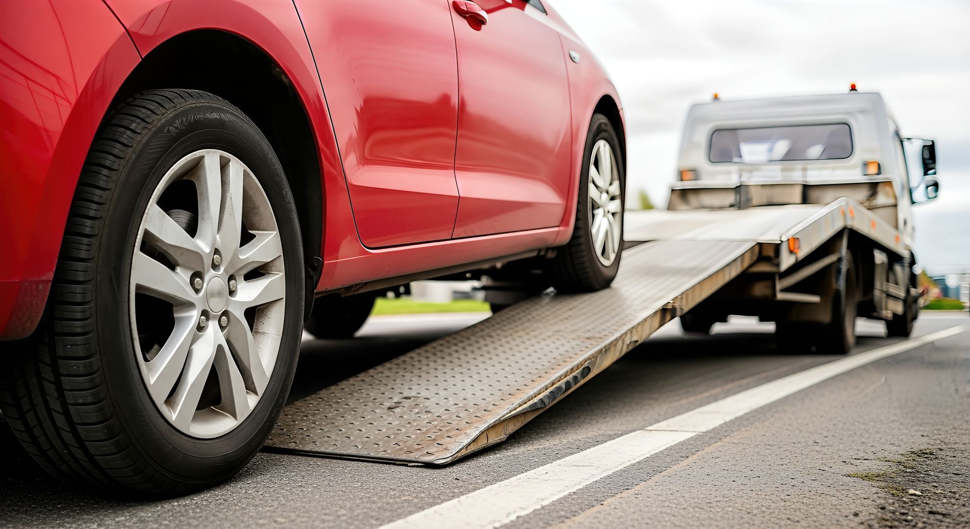 Person holding a smartphone beside a parked car on a roadside, with another person blurred in the background Red car on a tow truck ramp being loaded onto a flatbed on a roadside.