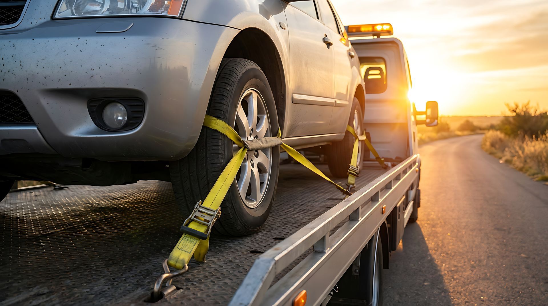 Gray car strapped to a tow truck flatbed at sunset on a roadside Gray car strapped to a tow truck flatbed at sunset on a roadside