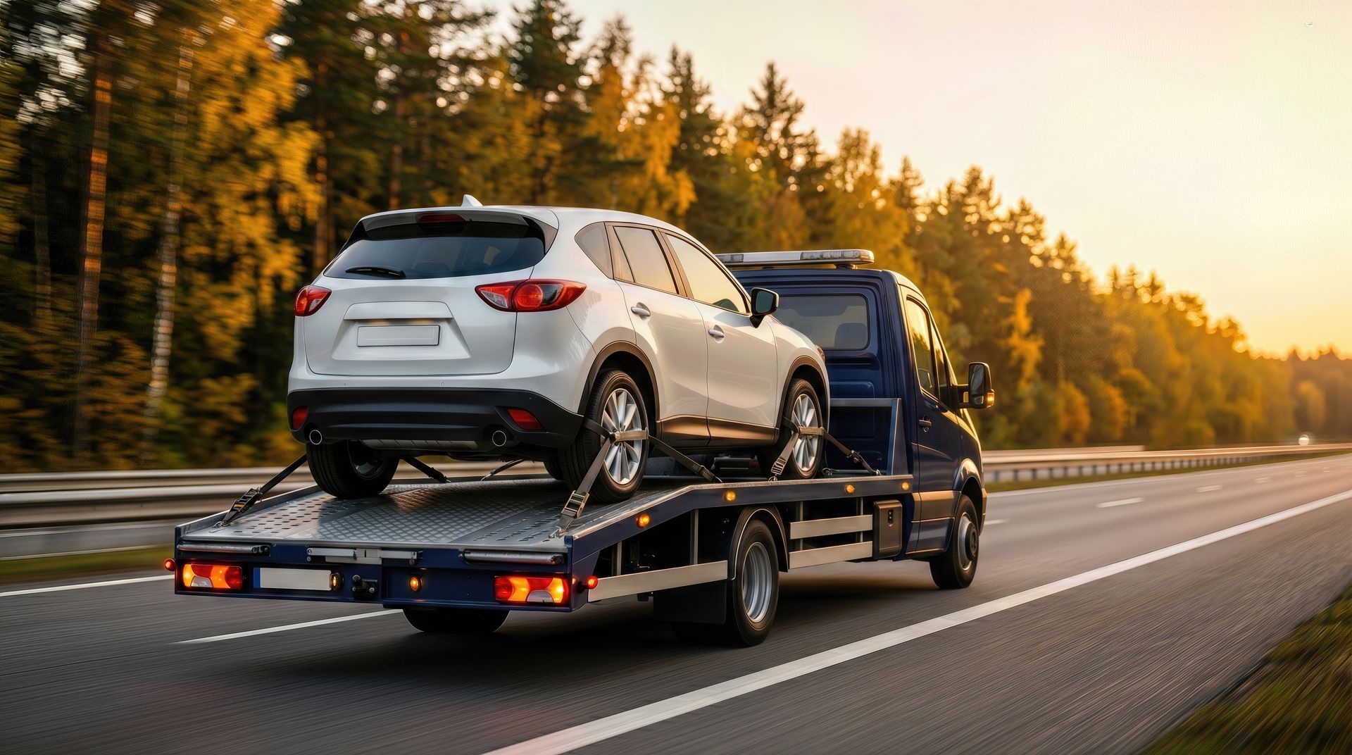 Person holding a smartphone beside a parked car on a roadside, with another person blurred in the background White SUV on a flatbed trailer being towed along a highway at sunset, with forest trees in the background