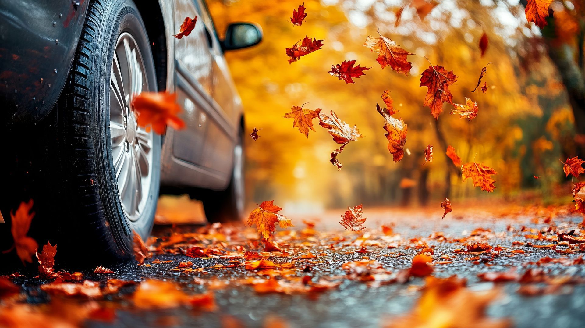 Car tire on wet road with orange autumn leaves swirling in the air