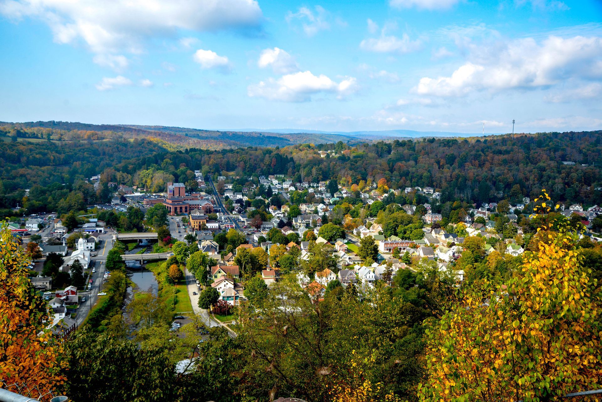 An aerial view of a small town surrounded by trees.
