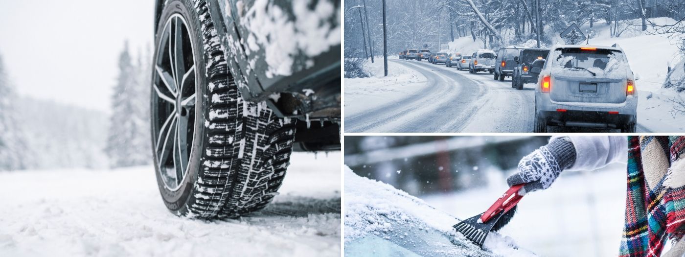 A collage of four pictures of a car driving down a snowy road. A collage of four pictures of a car driving down a snowy road.