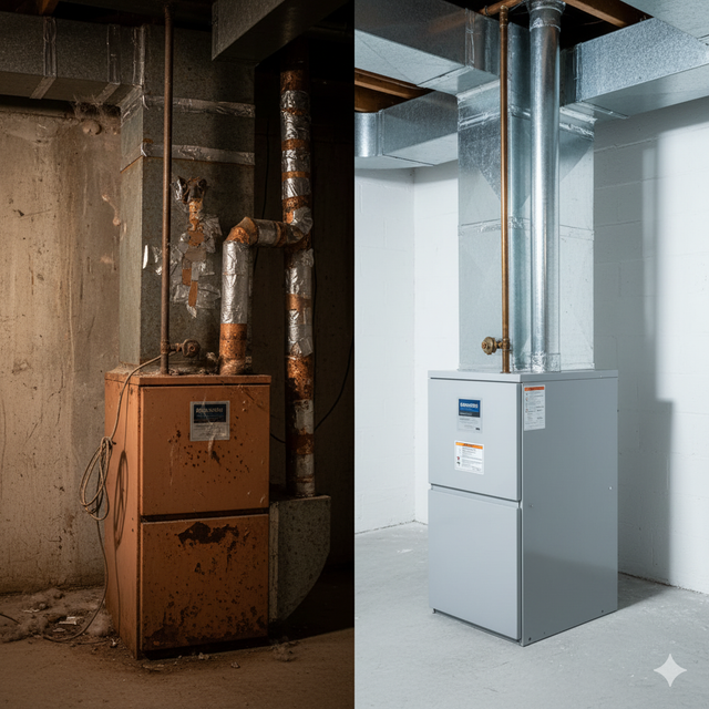 Comparison: old, rusty furnace in a dingy basement vs. new, clean furnace in a white, finished basement.