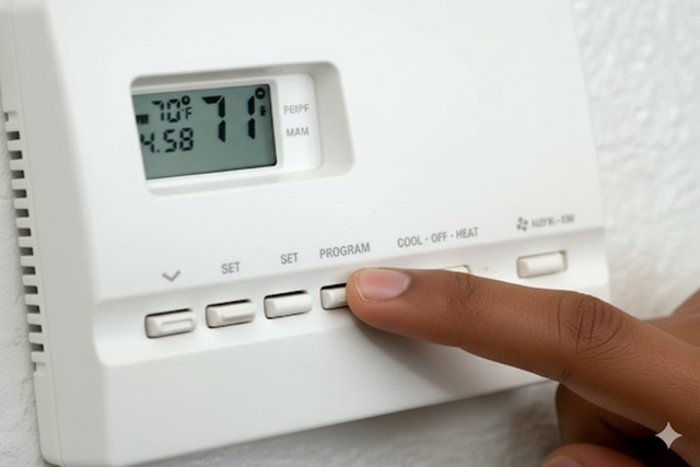 Hand pressing a button on a white thermostat, set to 70 degrees.