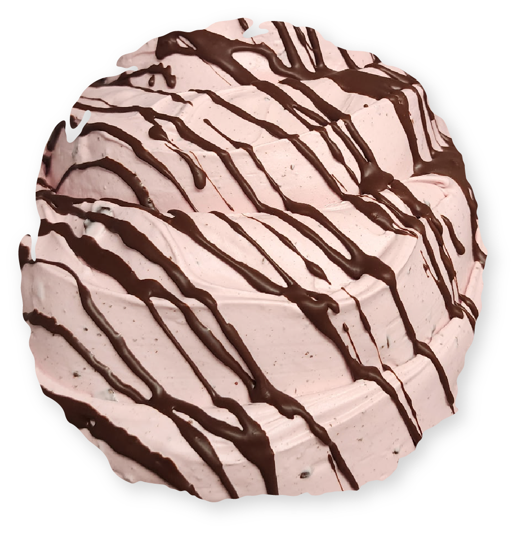 A single scoop of pink ice cream drizzled with thin, dark chocolate syrup.