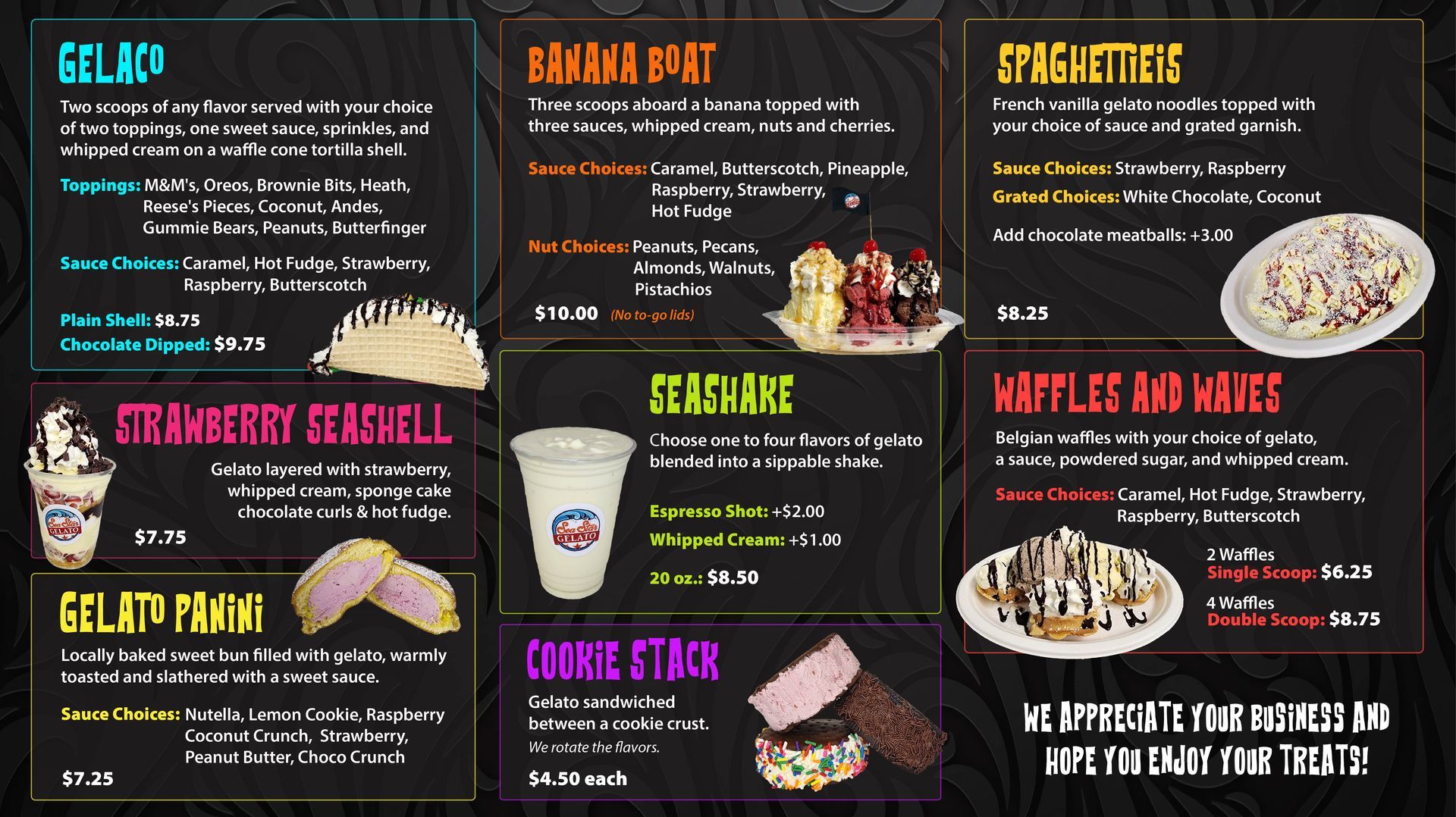 Menu featuring gelato desserts, shakes, and 