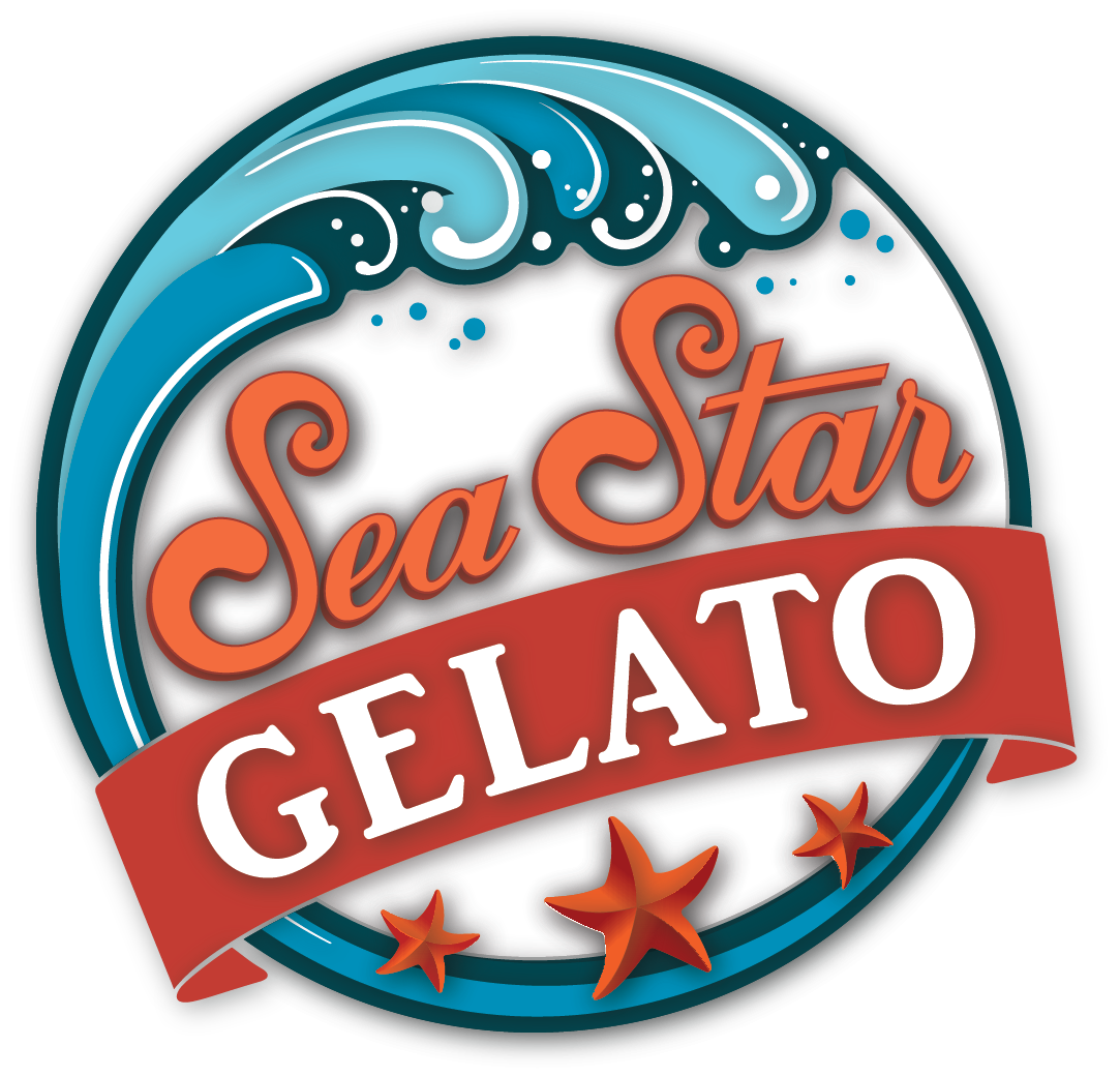 Logo for Sea Star Gelato featuring a blue wave, orange cursive text, and three orange starfish on a red banner.