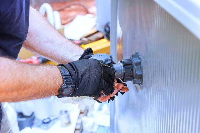 A man wearing gloves is working on a pipe.