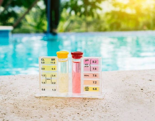 A test kit is sitting on the edge of a swimming pool.