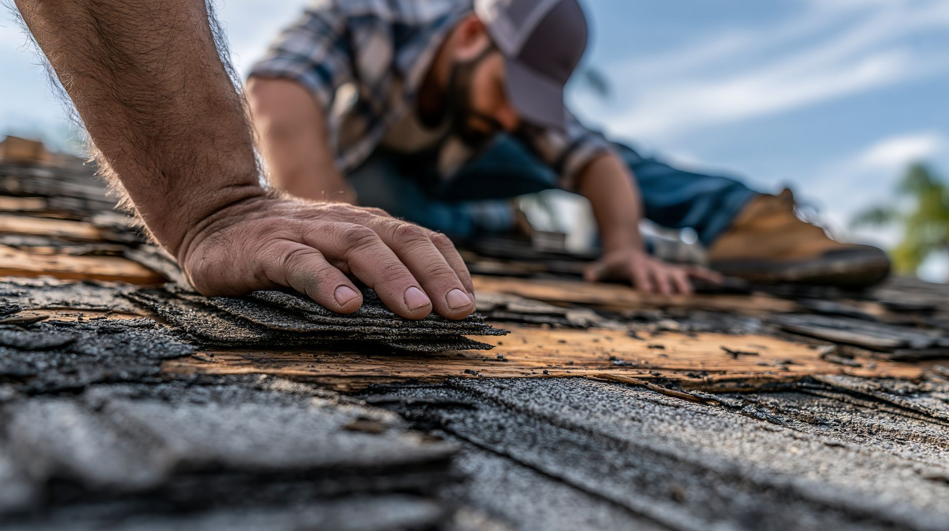 Worker’s hand pressing shingles on a sloped roof during roofing repair.