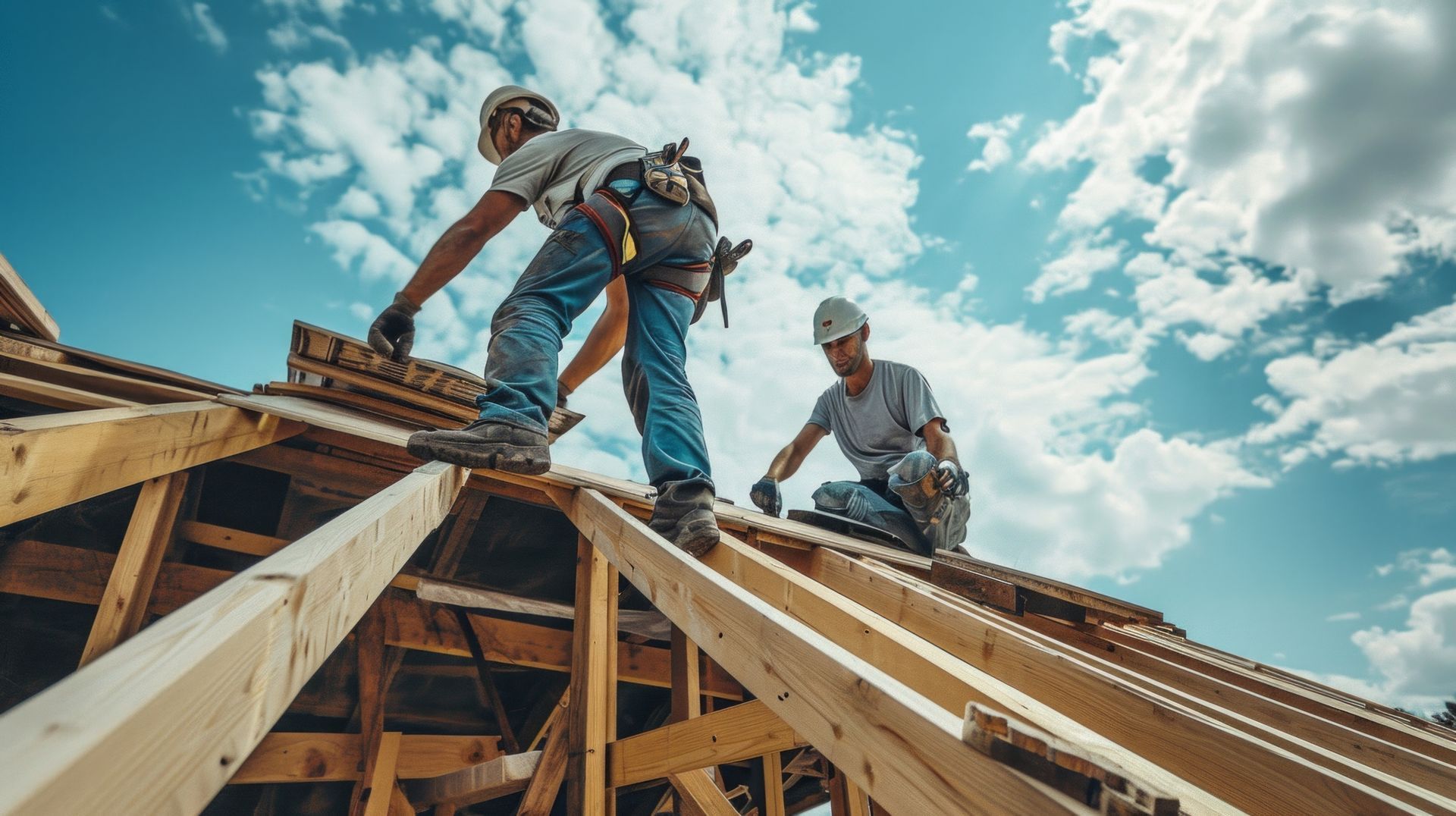 Roofing contractor workers carry and secure wood shingles on an open roof frame under a bright sky. Roofing contractor workers carry and secure wood shingles on an open roof frame under a bright sky.