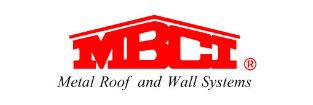 A red and white logo for metal roof and wall systems