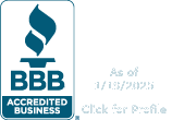 A bbb accredited business logo with a flame on top of it.