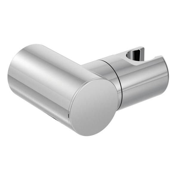 A chrome shower head holder on a white background.