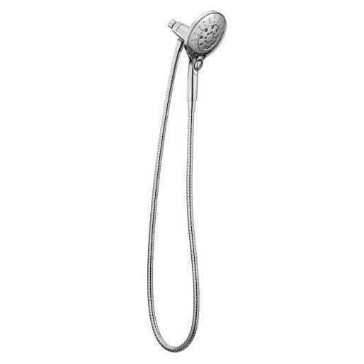 A shower head with a long hose attached to it.