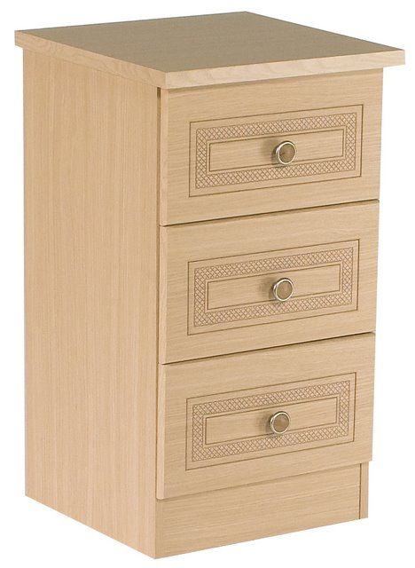 A small wooden dresser with three drawers on a white background