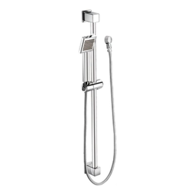 A shower head with a hose attached to it on a white background.