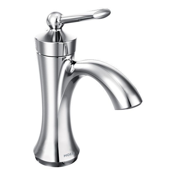 A chrome bathroom sink faucet with a handle on a white background.